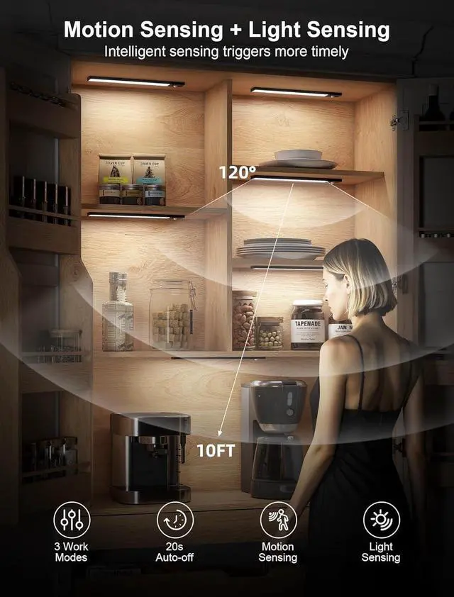 Alt view image 5 of 6 - 8inch Under Cabinet Lighting,56 LED -3 Color& 7 Levels Under Cabinet Lights Rechargeable 5pack