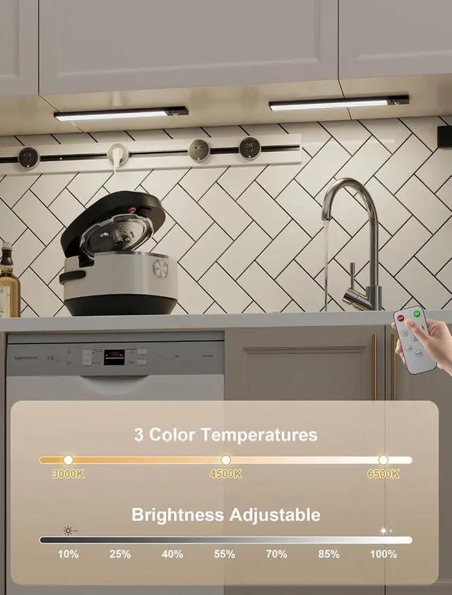 Alt view image 6 of 6 - 8inch Under Cabinet Lighting,56 LED -3 Color& 7 Levels Under Cabinet Lights Rechargeable 5pack