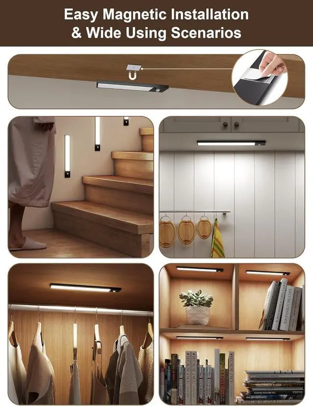 Alt view image 4 of 6 - 8inch Under Cabinet Lighting,56 LED -3 Color& 7 Levels Under Cabinet Lights Rechargeable 5pack