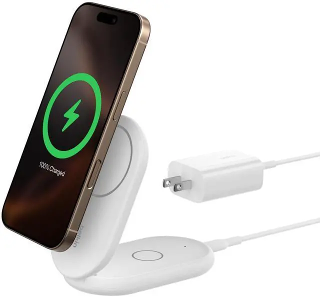 Main image of Magnetic Foldable Wireless Charging Stand 15W - MagSafe-Compatible Qi2-Certified Charger, Wireless Charging Stand for iPhone 16, Galaxy S25, & More - Standby Mode Ready w/PSU Included - White
