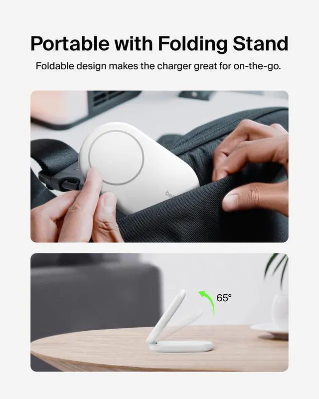Alt view image 3 of 6 - Magnetic Foldable Wireless Charging Stand 15W - MagSafe-Compatible Qi2-Certified Charger, Wireless Charging Stand for iPhone 16, Galaxy S25, & More - Standby Mode Ready w/PSU Included - White
