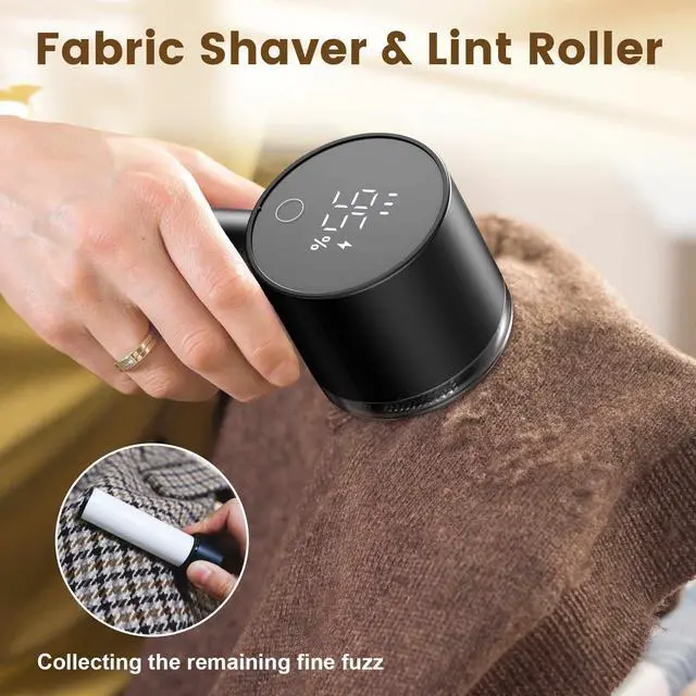 Alt view image 4 of 7 - Fabric Shaver Electric Fuzz Remover, 2 in 1 Rechargeable Sweater Shaver with Lint Roller, Magnetic Cap, Digital Display, 2 Extra Blades, Defuzzer for Clothing Furniture Couch - Black