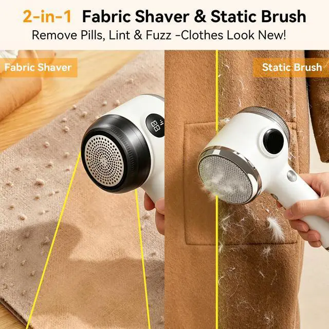 Alt view image 2 of 7 - Cordless Rechargeable 2-in-1 Fabric Shaver & Lint Remover for Clothes, Electric Pill Remover with Static Brush for Sweater, Sofa, Blanket, Furniture,3-Speed, USB-C, 6-Blade