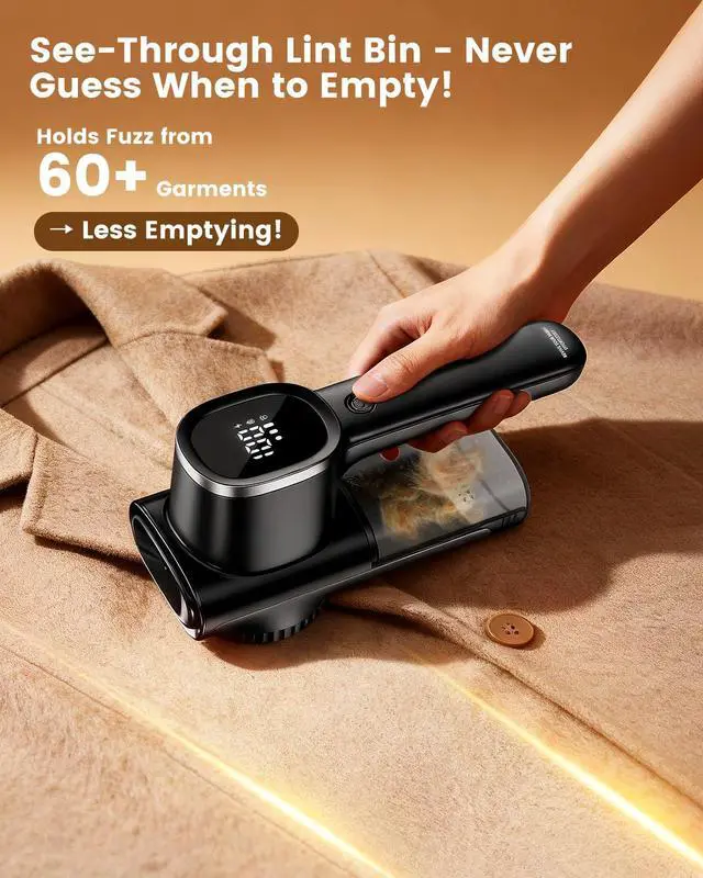 Alt view image 5 of 7 - Home Large Lint Remover Fabric Shaver - Rechargeable with LED Display, 3D 6-Blade, 180min Runtime, Large Transparent Bin, Zero Damage for Clothes/Sofa/Bedding