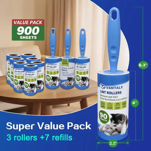Alt view image 2 of 7 - Extra Sticky Lint Roller Mega Value Set 900 Sheets for Pet Hair Removal and Clothes, Dog and Cat Lint Remover, 10 Pack