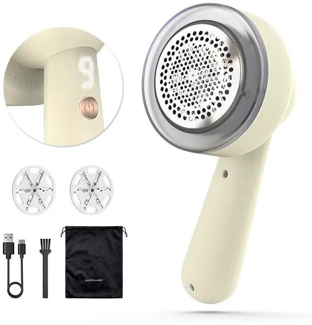 Main image of Fabric Shaver Lint Remover Rechargeable, Clothes Shaver Pill Remover with 6-Leaf Blades LED Digital Display 3-Gears Adjustable for Clothing Couch Furniture, Cream White