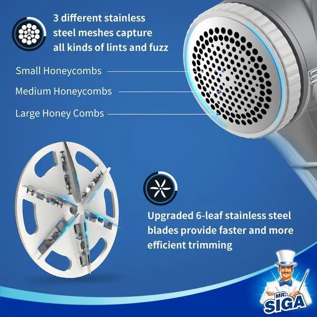 Alt view image 3 of 6 - Fabric Shaver and Lint Remover, Battery Operated Portable Lint Shaver with LED Lights, 2 Replaceable 6-Leaf Blades, Cream/Gray