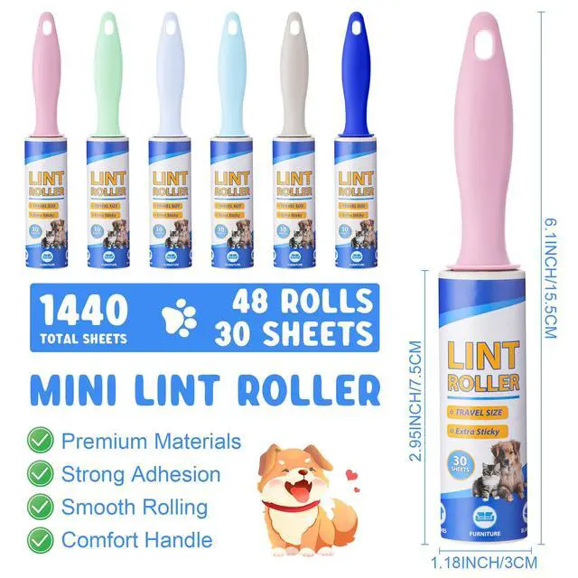 Alt view image 2 of 7 - 48 Pack Mini Lint Roller for Travel, 1440 Sheets 6'' Small Portable Lint Removers for Pet Hair, Clothes and Debris