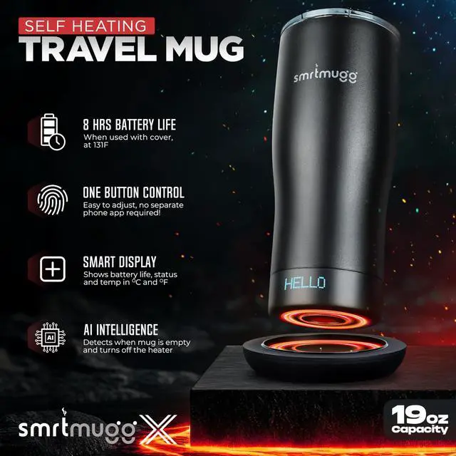 Alt view image 3 of 7 - X Heated Coffee Mug 19 oz., 8 Hour Battery Life, Self-Heating, Adjustable Temp Controlled, LCD Screen, One Button Temperature Adjustment, Includes Cover with Magnetic Slider (Black) (Black)