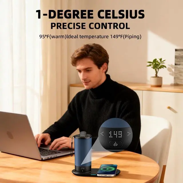 Alt view image 4 of 7 - Temperature Control Heated Travel Mug Smart Self Heating Coffee Mug 20 Oz App Controlled LED Display coffee serving sets mug kept at a constant temperature for 4-10 hours (Navy Blue, 20 oz)