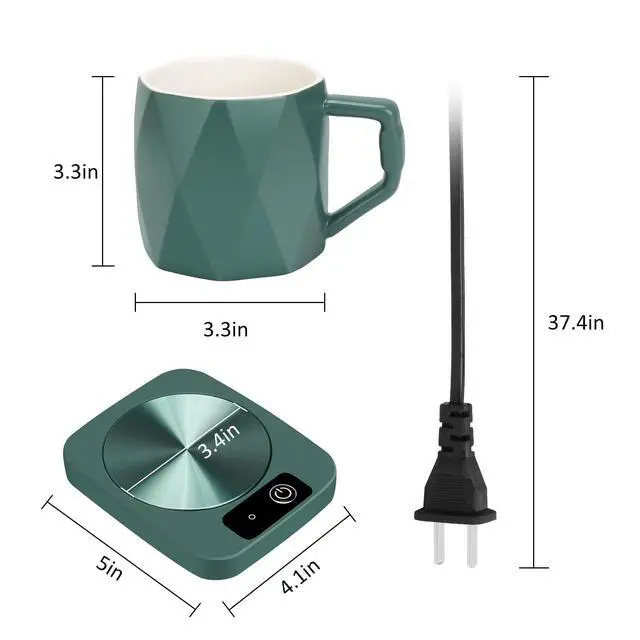 Alt view image 7 of 7 - Electric Coffee Warmer with Ceramic Mug, 131 Fahrenheit Temperature Control, 16W Self-Heating Plate for Desk, Home, Office, Keeps Beverages Tea Milk Warm (Green)