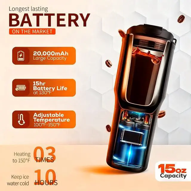 Alt view image 3 of 7 - Smart Temperature Controlled Mug,Heated Coffee Mug,16 Hours Battery Life,Vacuum Insulated Hot Beverage Warmer 15OZ,with LCD Display 90°F to 150°F