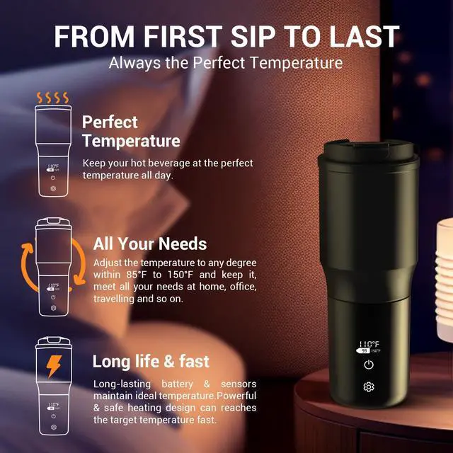 Alt view image 5 of 7 - Smart Temperature Controlled Mug,Heated Coffee Mug,16 Hours Battery Life,Vacuum Insulated Hot Beverage Warmer 15OZ,with LCD Display 90°F to 150°F