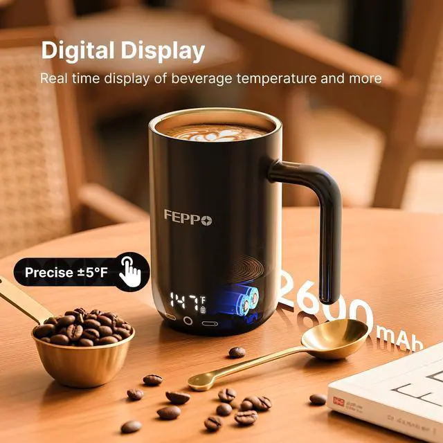 Alt view image 2 of 6 - Coffee Mug Warmer, 16oz Heated Coffee Mug with Titanium Coating, Real-Time Digital Display, Built-in 2600mAh Battery with Charging Base, Temperature Control Smart Mug, Great Gift for Women/Men