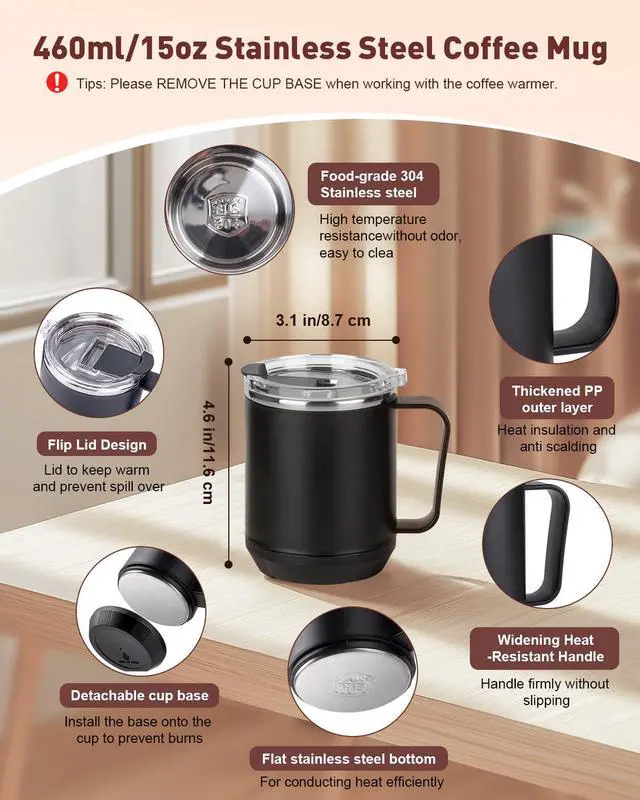 Alt view image 6 of 7 - Mug Warmer, Cup Warmer for Desk with 15oz Coffee Mug, 36W Electric Coffee Cup Warmer with Auto Shut Off, 9 Temperature Setting Smart Cup Warmer for Heating Coffee, Milk, Beverage, Candle Jar