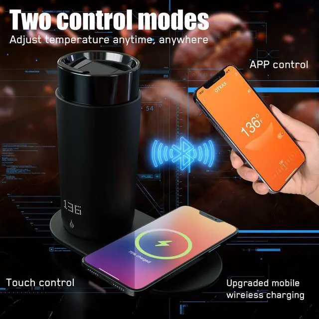 Alt view image 2 of 6 - Temperature Control Heated Coffee Mug Smart Self Heating Travel Mug 12 Oz App Controlled Warmer Mug 4-10 Hour LED Display Keep Coffee Hot Fast Wireless Charger Base Dull Black