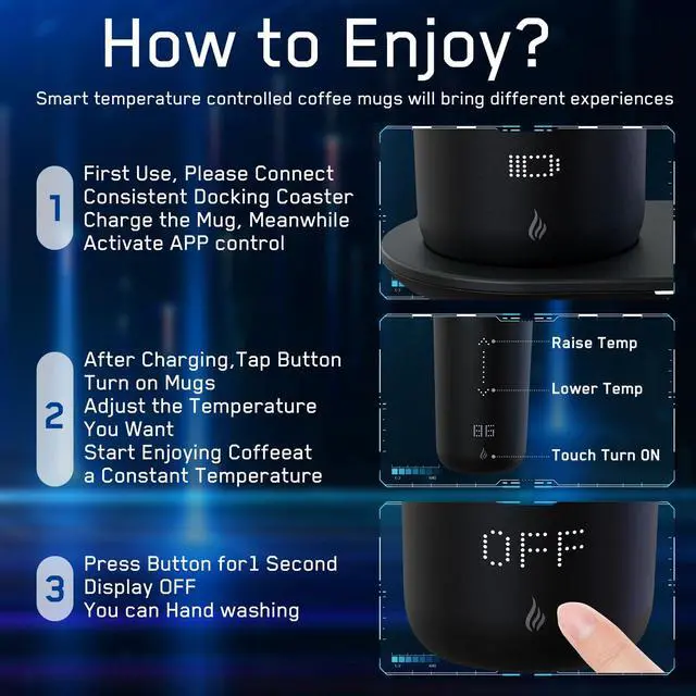 Alt view image 3 of 6 - Temperature Control Heated Coffee Mug Smart Self Heating Travel Mug 12 Oz App Controlled Warmer Mug 4-10 Hour LED Display Keep Coffee Hot Fast Wireless Charger Base Dull Black