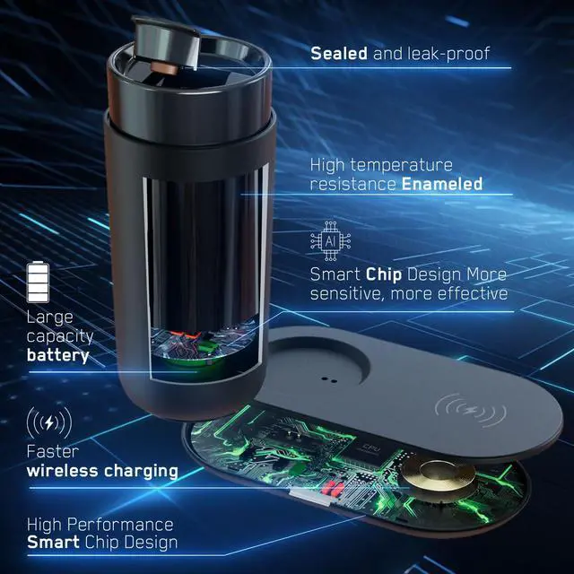 Alt view image 4 of 6 - Temperature Control Heated Coffee Mug Smart Self Heating Travel Mug 12 Oz App Controlled Warmer Mug 4-10 Hour LED Display Keep Coffee Hot Fast Wireless Charger Base Dull Black