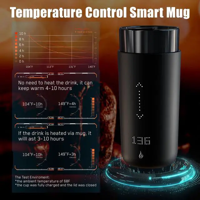 Alt view image 5 of 6 - Temperature Control Heated Coffee Mug Smart Self Heating Travel Mug 12 Oz App Controlled Warmer Mug 4-10 Hour LED Display Keep Coffee Hot Fast Wireless Charger Base Dull Black