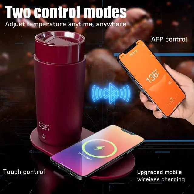 Alt view image 2 of 6 - Temperature Control Heated Coffee Mug Smart Self Heating Travel Mug 12 Oz App Controlled Warmer Mug 4-10 Hour LED Display Keep Coffee Hot Fast Wireless Charger Base Rogue red