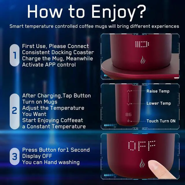 Alt view image 3 of 6 - Temperature Control Heated Coffee Mug Smart Self Heating Travel Mug 12 Oz App Controlled Warmer Mug 4-10 Hour LED Display Keep Coffee Hot Fast Wireless Charger Base Rogue red