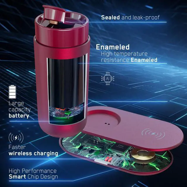Alt view image 4 of 6 - Temperature Control Heated Coffee Mug Smart Self Heating Travel Mug 12 Oz App Controlled Warmer Mug 4-10 Hour LED Display Keep Coffee Hot Fast Wireless Charger Base Rogue red