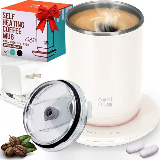 Main image of Self Stirring Coffee Mug- 10 Oz No Batteries Smart Dual Function 3 Temperature Levels Control to Stir & Heat Beverages - Powerful 12V Charger Airtight Lid bElectric Cup in a Gift Box (White)