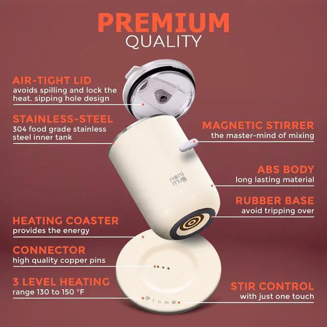 Alt view image 2 of 7 - Self Stirring Coffee Mug- 10 Oz No Batteries Smart Dual Function 3 Temperature Levels Control to Stir & Heat Beverages - Powerful 12V Charger Airtight Lid bElectric Cup in a Gift Box (White)