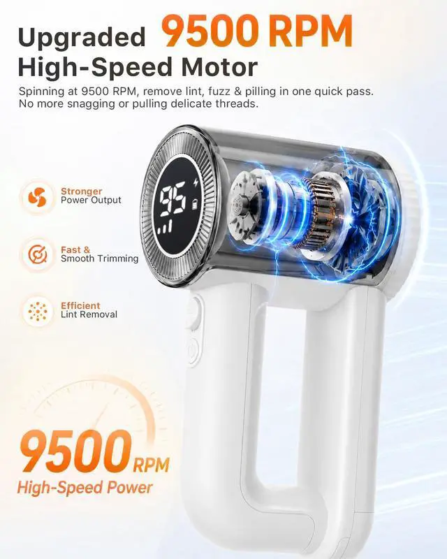 Alt view image 2 of 7 - Fabric Shaver Rechargeable, 9500RPM Electric Lint Remover with 3× Stainless Steel 6-Blade Heads, 3-Speed Adjustable for Clothes, Furniture, Sofa, Blanket, LED Display, 2-in-1 Lint Brush Included