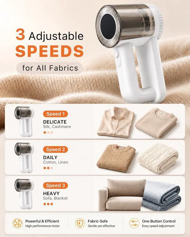 Alt view image 5 of 7 - Fabric Shaver Rechargeable, 9500RPM Electric Lint Remover with 3× Stainless Steel 6-Blade Heads, 3-Speed Adjustable for Clothes, Furniture, Sofa, Blanket, LED Display, 2-in-1 Lint Brush Included