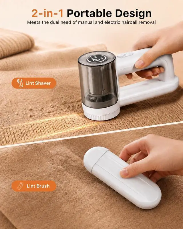 Alt view image 4 of 7 - Fabric Shaver Rechargeable, 9500RPM Electric Lint Remover with 3× Stainless Steel 6-Blade Heads, 3-Speed Adjustable for Clothes, Furniture, Sofa, Blanket, LED Display, 2-in-1 Lint Brush Included