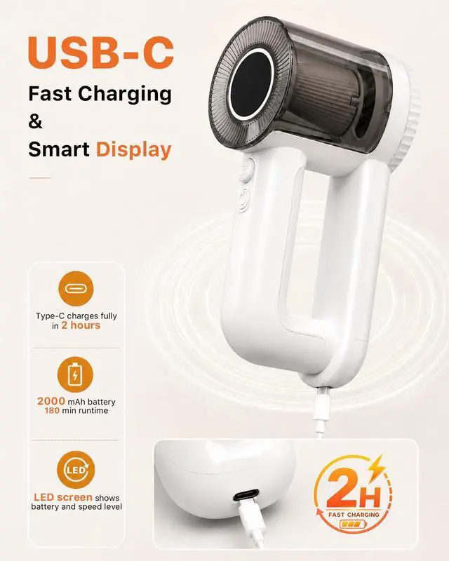 Alt view image 6 of 7 - Fabric Shaver Rechargeable, 9500RPM Electric Lint Remover with 3× Stainless Steel 6-Blade Heads, 3-Speed Adjustable for Clothes, Furniture, Sofa, Blanket, LED Display, 2-in-1 Lint Brush Included