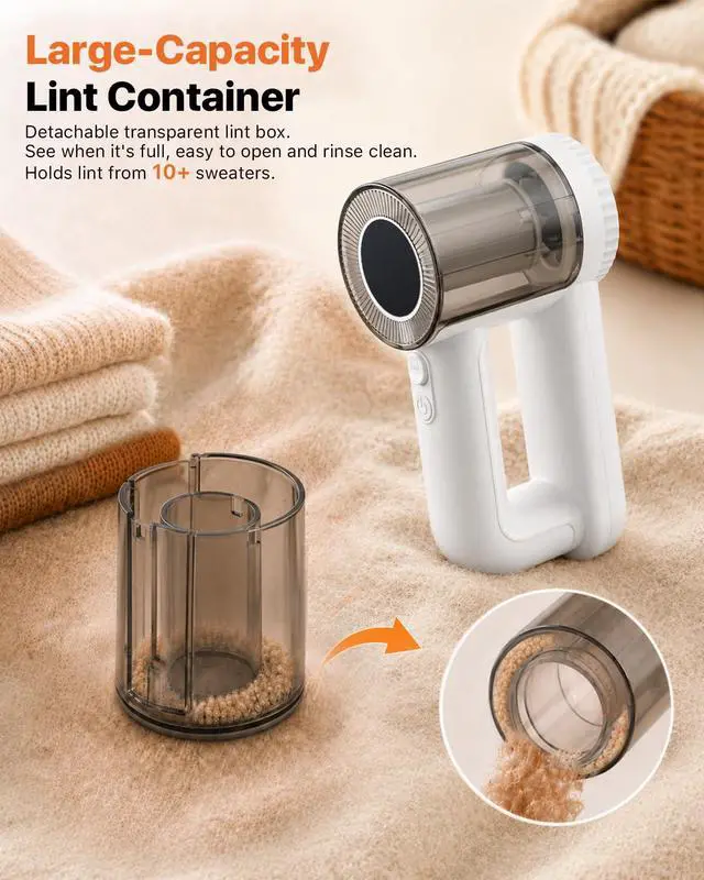Alt view image 7 of 7 - Fabric Shaver Rechargeable, 9500RPM Electric Lint Remover with 3× Stainless Steel 6-Blade Heads, 3-Speed Adjustable for Clothes, Furniture, Sofa, Blanket, LED Display, 2-in-1 Lint Brush Included