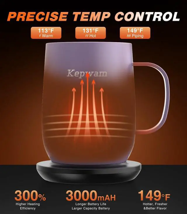 Alt view image 2 of 7 - Self Heating Coffee Mug T2, 16oz Smart Heated Coffee Mug, 150 Min Battery Life - Hot up to 149 Temperature Control Coffee Mug Warmer, Gifts for Dad Mom (No APP)