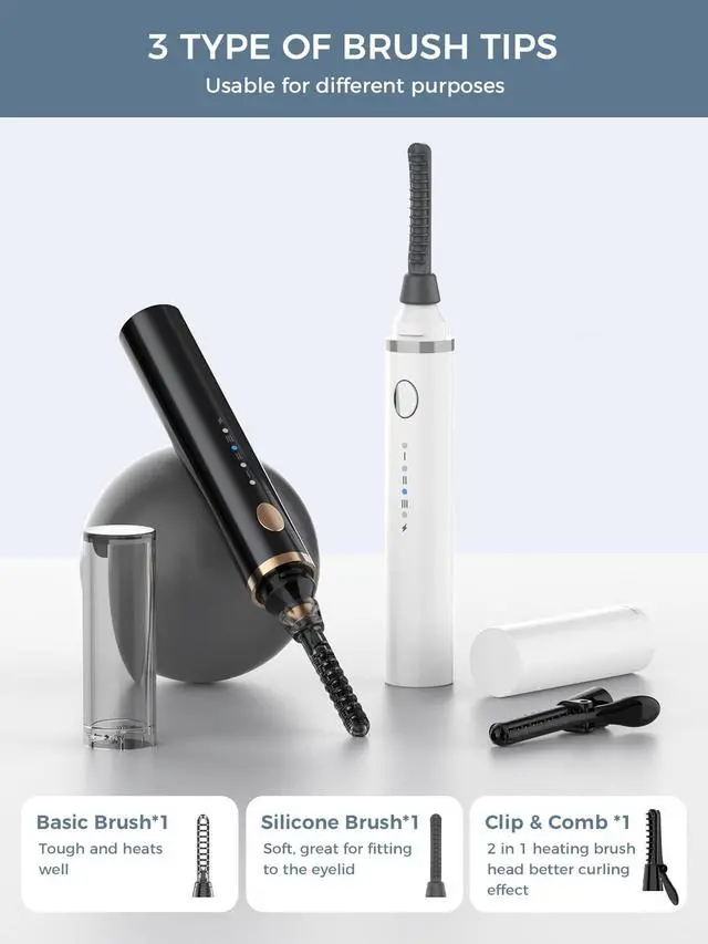 Alt view image 2 of 7 - Heated Eyelash Curler, 360°Wand-Style Heated Eyelash Curler Comb with 3 Brush Heads & 3 Temp & 5s Fast HeatingLengthen/Define/Curler 3-in-1 Lash Curler for All Types of Lashes