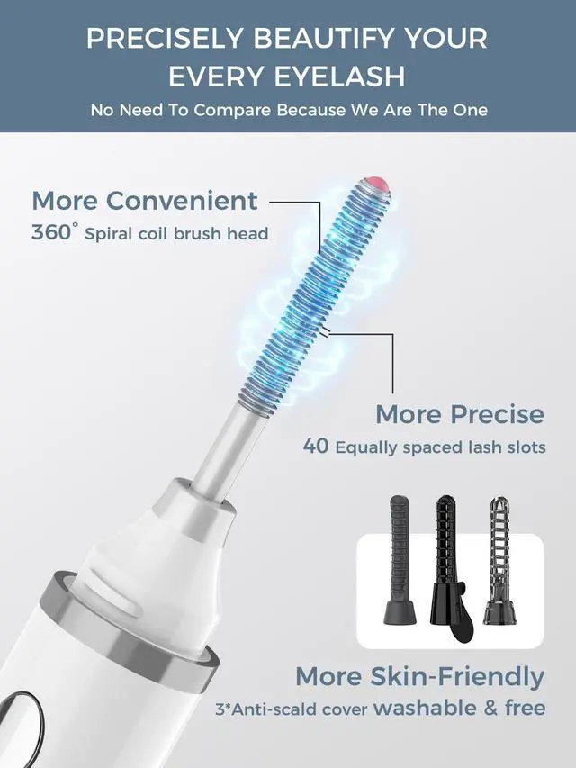 Alt view image 4 of 7 - Heated Eyelash Curler, 360°Wand-Style Heated Eyelash Curler Comb with 3 Brush Heads & 3 Temp & 5s Fast HeatingLengthen/Define/Curler 3-in-1 Lash Curler for All Types of Lashes