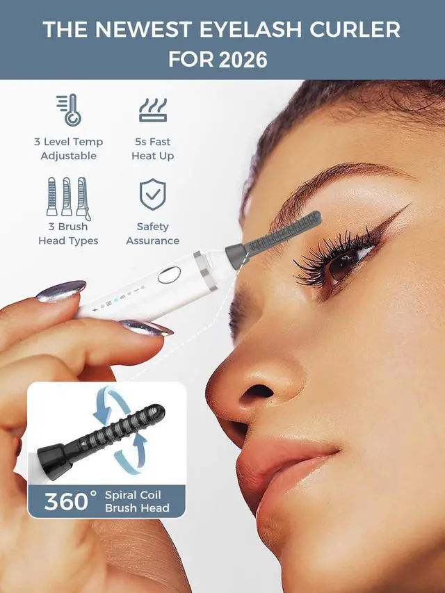 Alt view image 3 of 7 - Heated Eyelash Curler, 360°Wand-Style Heated Eyelash Curler Comb with 3 Brush Heads & 3 Temp & 5s Fast HeatingLengthen/Define/Curler 3-in-1 Lash Curler for All Types of Lashes