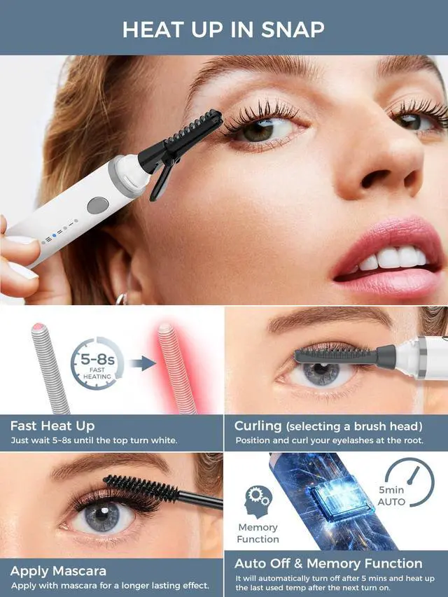 Alt view image 7 of 7 - Heated Eyelash Curler, 360°Wand-Style Heated Eyelash Curler Comb with 3 Brush Heads & 3 Temp & 5s Fast HeatingLengthen/Define/Curler 3-in-1 Lash Curler for All Types of Lashes