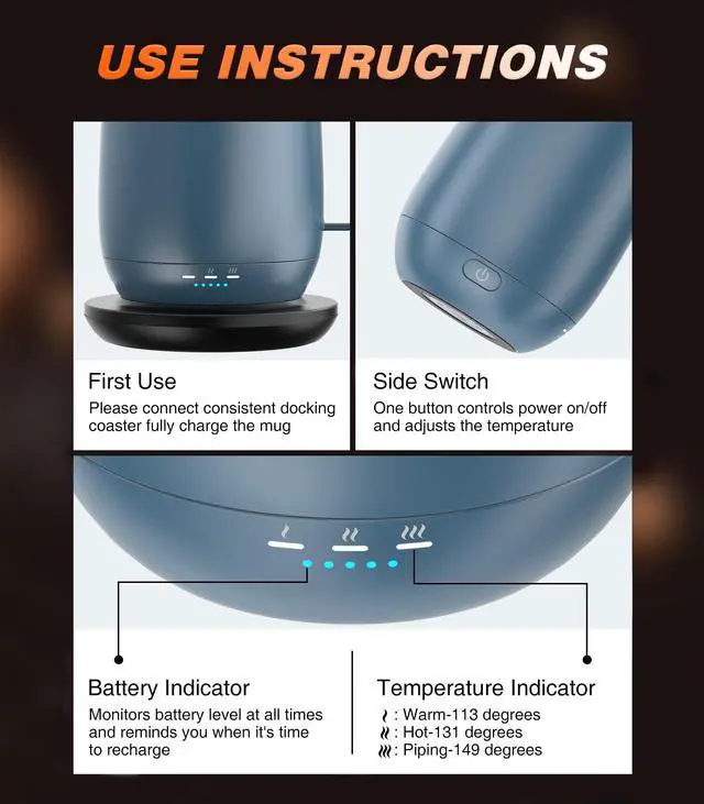 Alt view image 3 of 7 - Self Heating Coffee Mug T2, 16oz Smart Heated Coffee Mug, 150 Min Battery Life - Hot up to 149 Temperature Control Coffee Mug Warmer, Gifts for Dad Mom (No APP)