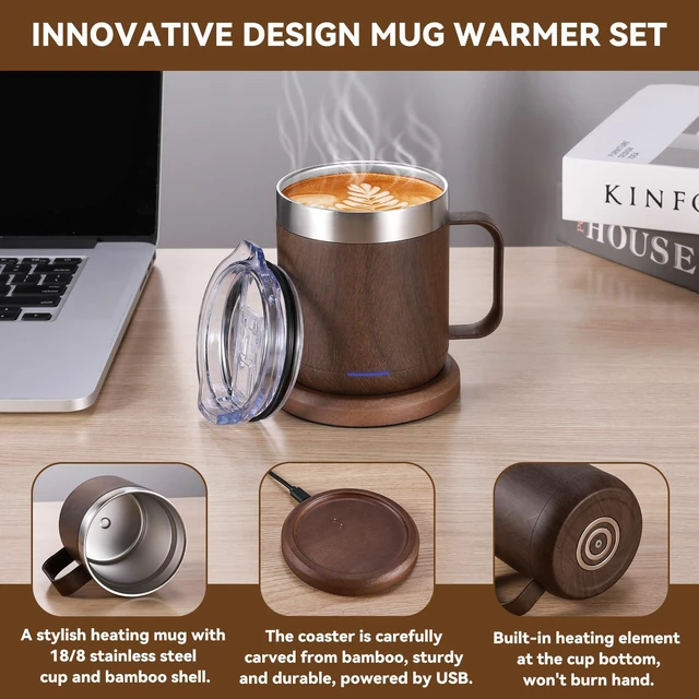 Alt view image 3 of 7 - Gifts for Women Men, Heated Coffee Mug Up to 149°F, Ideal Gifts for Christmas, Birthday, Mother's Day, Father's Day or Any Occasion (12oz Wood)