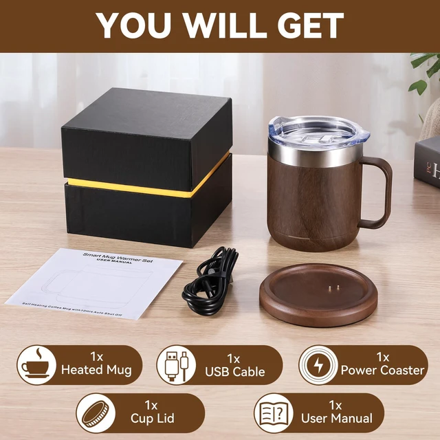 Alt view image 6 of 7 - Gifts for Women Men, Heated Coffee Mug Up to 149°F, Ideal Gifts for Christmas, Birthday, Mother's Day, Father's Day or Any Occasion (12oz Wood)