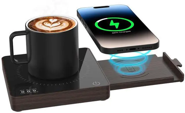 Main image of Coffee Mug Warmer with 15W Wireless Phone Charger & 3A USB Charging Port, 3 Temp Settings & 8H Auto Shut Off, Candle Warmer Plate for Heating Coffee, Milk, Tea & Candles,Valentine's Day Gift(Wood)