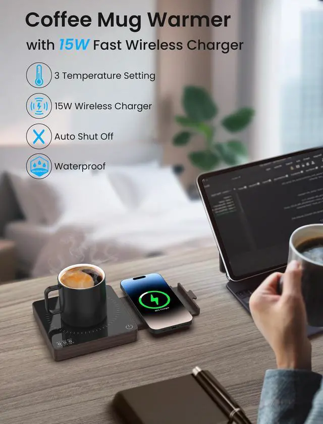 Alt view image 2 of 7 - Coffee Mug Warmer with 15W Wireless Phone Charger & 3A USB Charging Port, 3 Temp Settings & 8H Auto Shut Off, Candle Warmer Plate for Heating Coffee, Milk, Tea & Candles,Valentine's Day Gift(Wood)