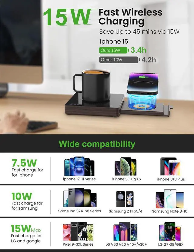Alt view image 5 of 7 - Coffee Mug Warmer with 15W Wireless Phone Charger & 3A USB Charging Port, 3 Temp Settings & 8H Auto Shut Off, Candle Warmer Plate for Heating Coffee, Milk, Tea & Candles,Valentine's Day Gift(Wood)