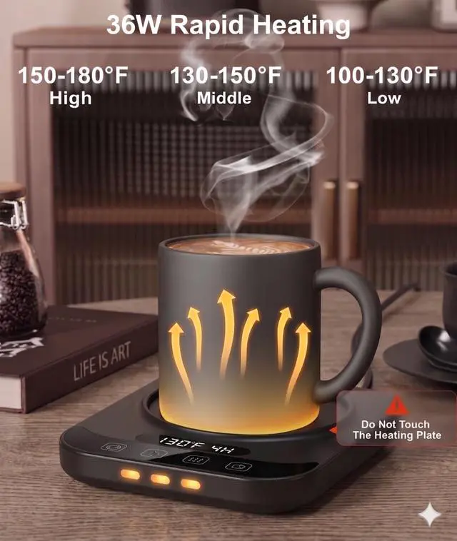 Alt view image 3 of 7 - Smart Coffee Mug Warmer with LED Display, Intelligent Cup Material Sensing & 9 Temp Settings, Auto Shut-Off Electric Beverage Warmer for Desk, Candle Wax Warmer, (Black)