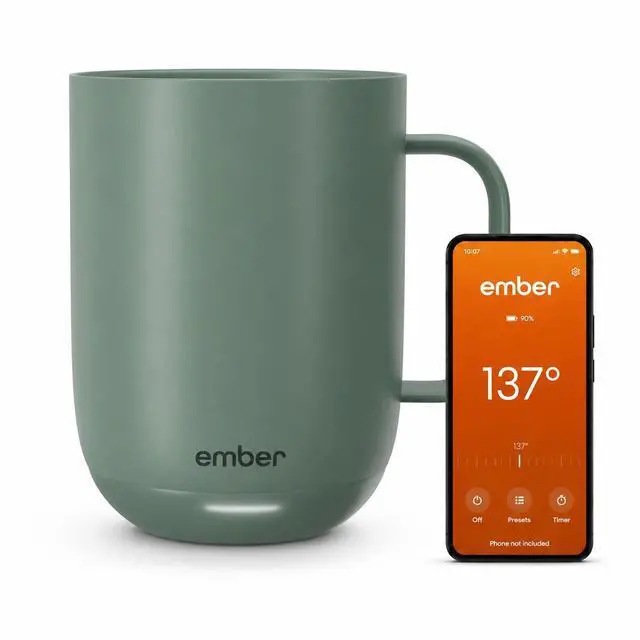Main image of Temperature Control 14oz Smart Mug 2, App-Controlled and Rechargeable Heated Coffee Cup Warmer with Intelligent LED Display, Sage Green.