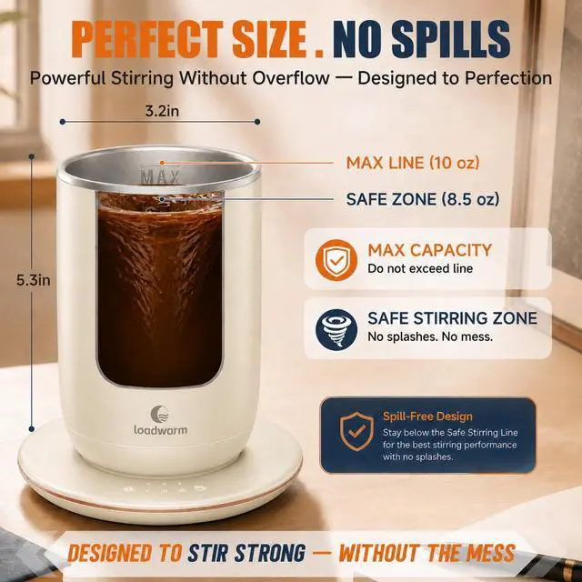 Alt view image 5 of 7 - Self Heated Stirring Coffee Mug, 10oz Auto Mixing Cup with Warmer, White