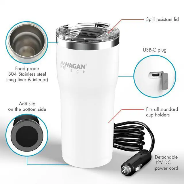 Alt view image 2 of 7 - EL6102 12V Travel Car Heated Mug Portable 16oz Stainless Steel Anti-Spill Lid Slip resistant base Car Coffee Warmer Coffee Cup USBC PD20W 12V DC (White)