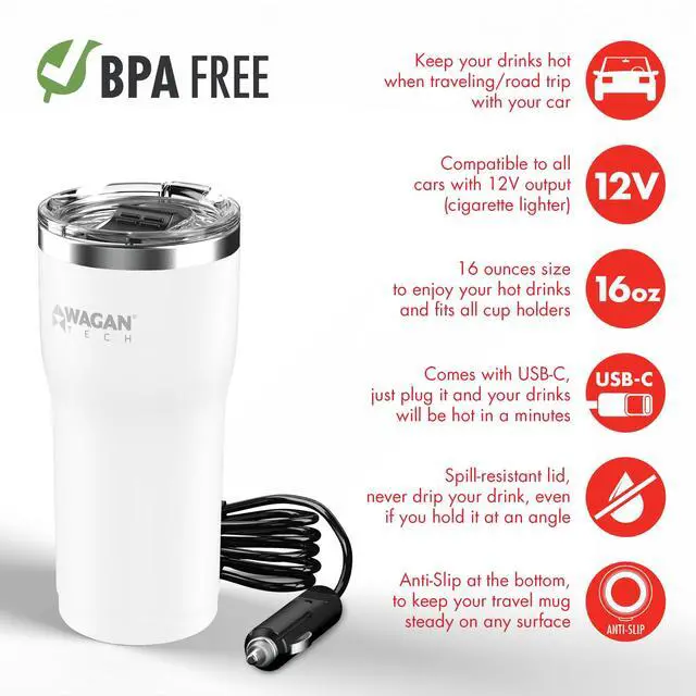 Alt view image 3 of 7 - EL6102 12V Travel Car Heated Mug Portable 16oz Stainless Steel Anti-Spill Lid Slip resistant base Car Coffee Warmer Coffee Cup USBC PD20W 12V DC (White)