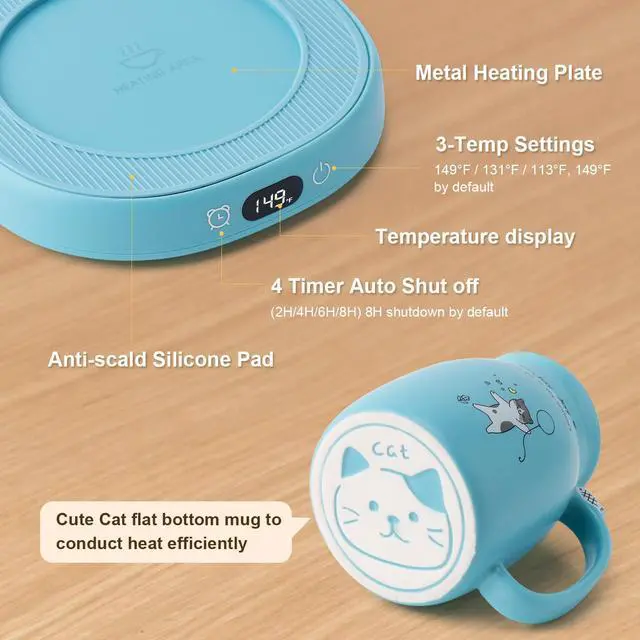 Alt view image 5 of 7 - Coffee Mug Warmer & Cute Cat Mug Set, Candle Mug Warmer for Home & Office, Electric Smart Coffee Warmer for Desk, Beverage Tea Coffee Cup Warmer with 3-Temp Settings, 8H Auto Shut Off, Blue